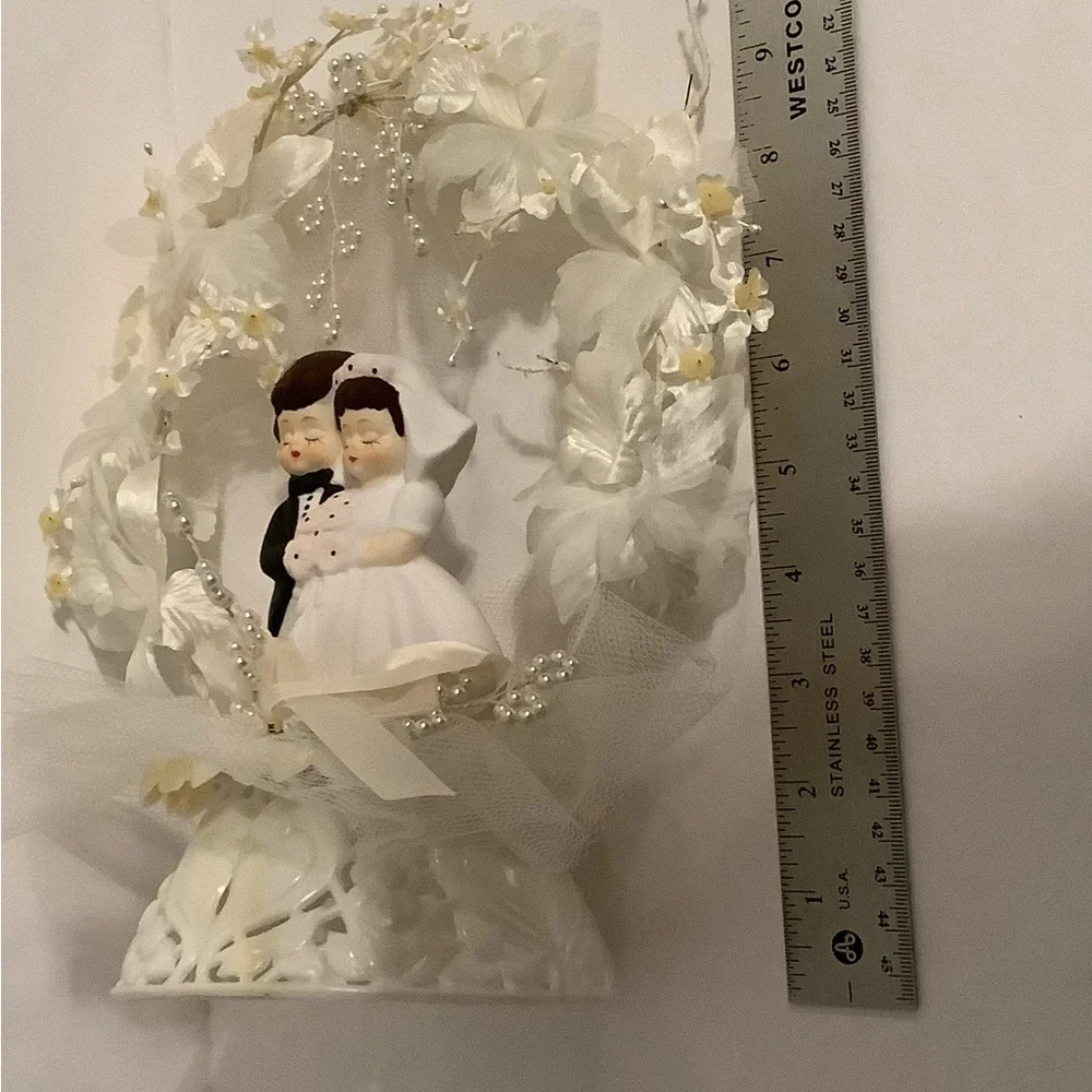 Vintage Wedding Cake Topper Porcelain Bride and Groom with White Floral Accents
